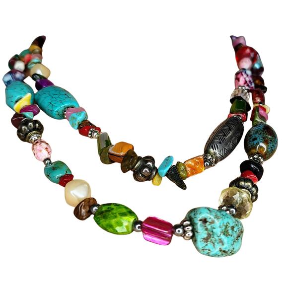 Bohemian Turquoise Rose Quartz Mix Semi-Precious Stones Double Strand Necklace - Picture 2 of 8